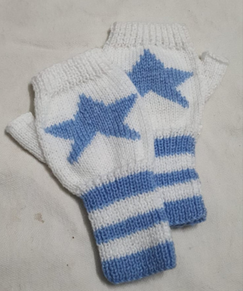 White & Blue Hand Knitted Gloves